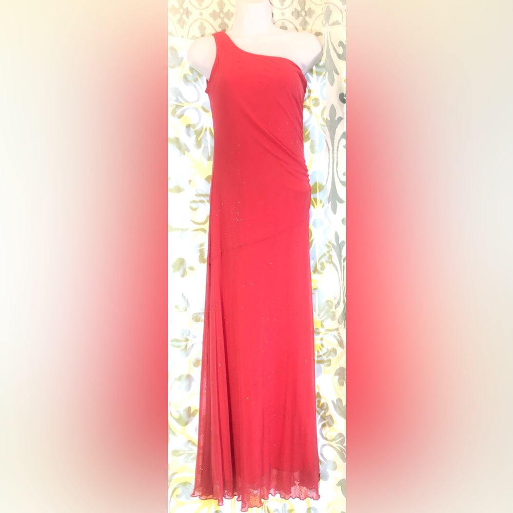 Candy Rocket Prom Off Shoulder Glitter Sparkle Coral Y2K Long Sheer Dress Small